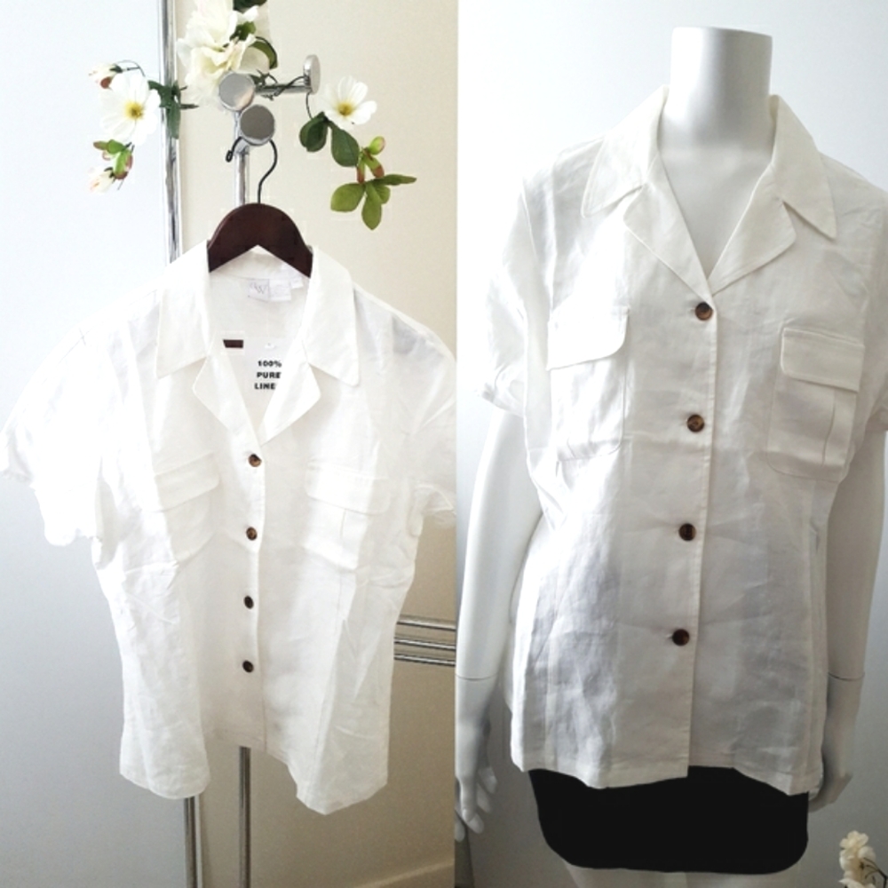 💯White Linen Oversized Short Sleeve Blouse/Top| Buttons Down| Pockets